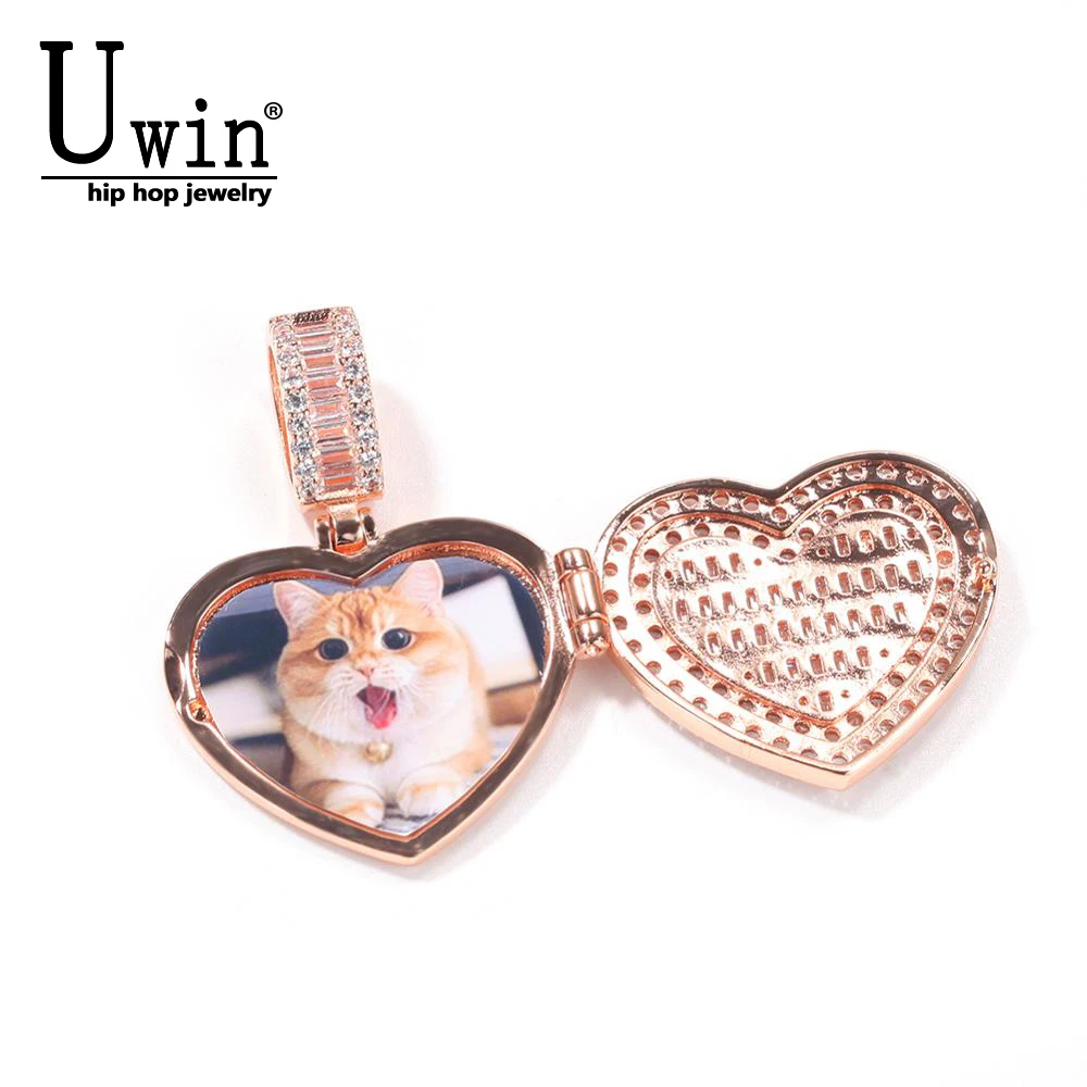 Uwin Heart Clamshell Custom Photo Necklace Men Charm HipHop Bling Iced Out Jewelry Solid back For Gift Tennis Chain