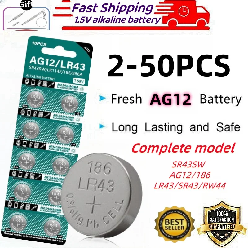 New 2-50PCS AG12 Button Battery LR43 1.5V Alkalinity Batteries 301 386 L1142 Environmental Protection for Watch Battery Remote