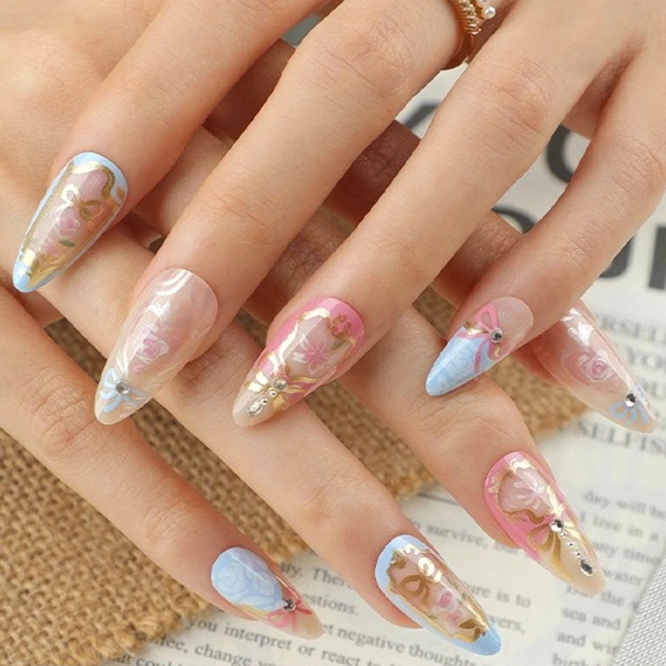 

Romantic Retro Pink Blue Gold Bowknot Rose Flowers French False Nails Rhinestone Fake Nails Detachable Finished Press on Nails