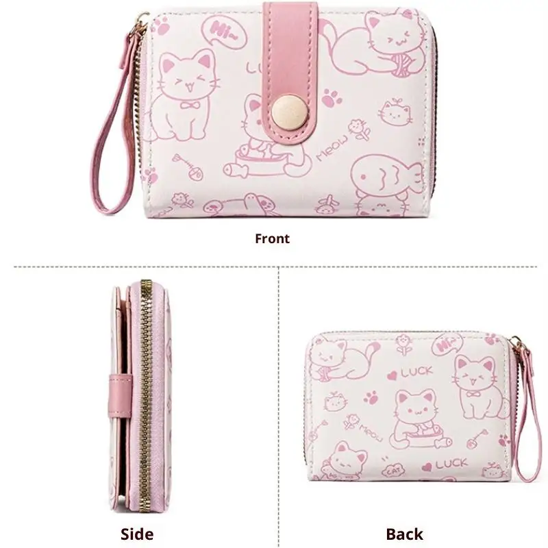 

Cute Cat PU Leather Coin Purse Women Fashion Short Wallet Folding Zipper Wallet ID Card Holder Travel Lightweight Cash Coin Bags
