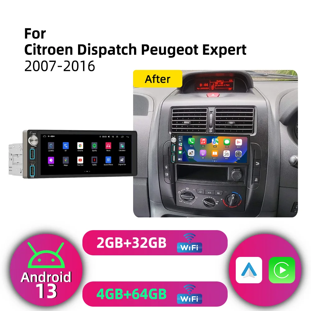 Carplay Android for Citroen Dispatch Peugeot Expert 2007-2016 1 Din Car Stereo GPS Navigation Multimedia Autoradio Radio
