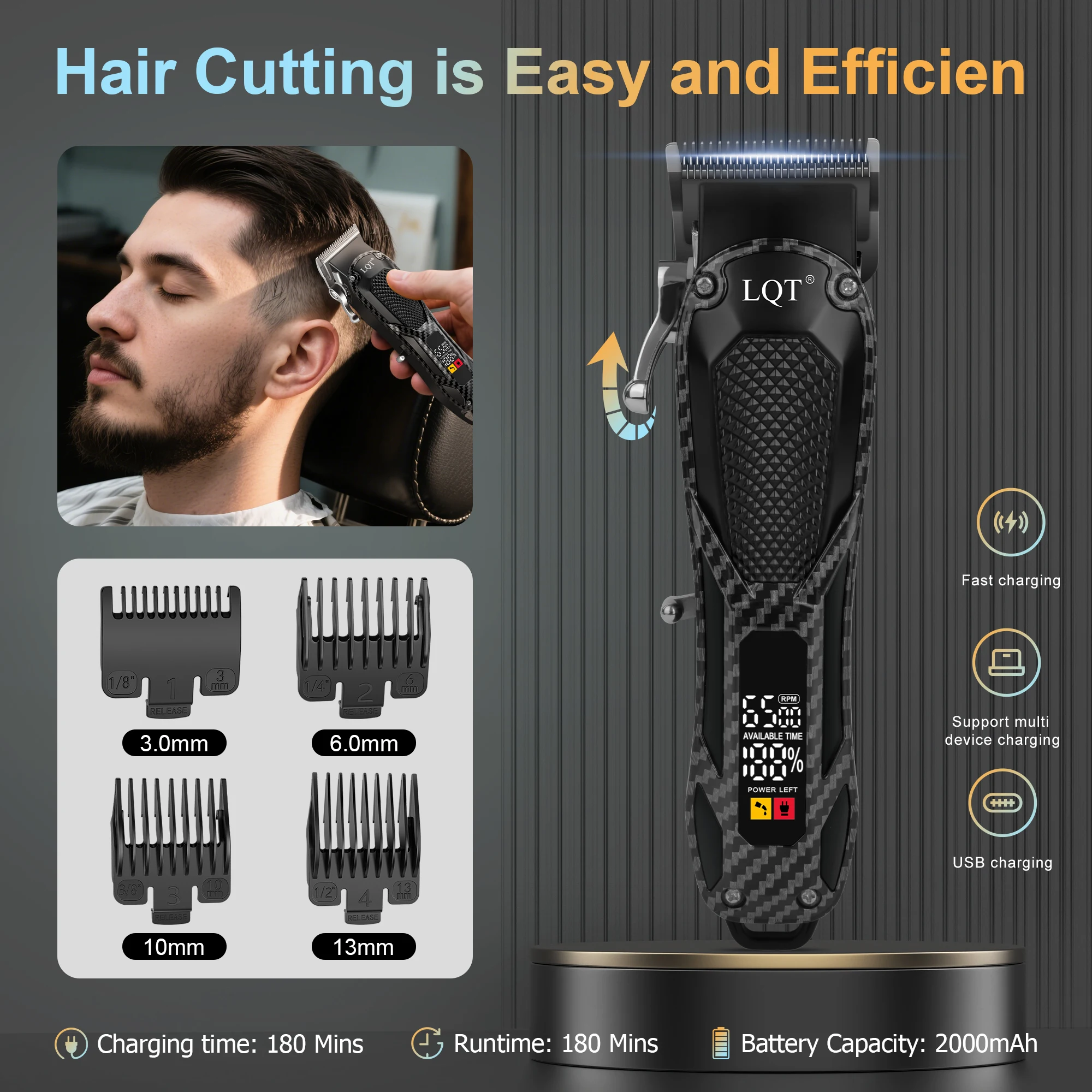 LQT Carbon Fiber Set Professional Barber Trimmer Kit LCD Rechargeable Hair Cutting Machine Complete Salon Grooming Tools