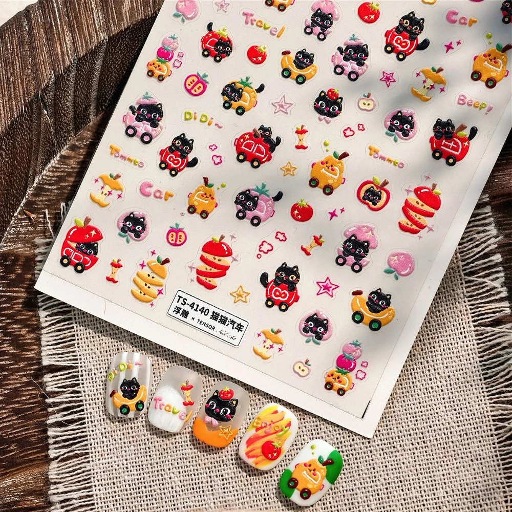 Dopamina lindo gato negro fruta coche 5D en relieve autoadhesivo pegatinas para decoración de uñas manzana melocotón plátano pera dibujos animados 3D calcomanías de manicura