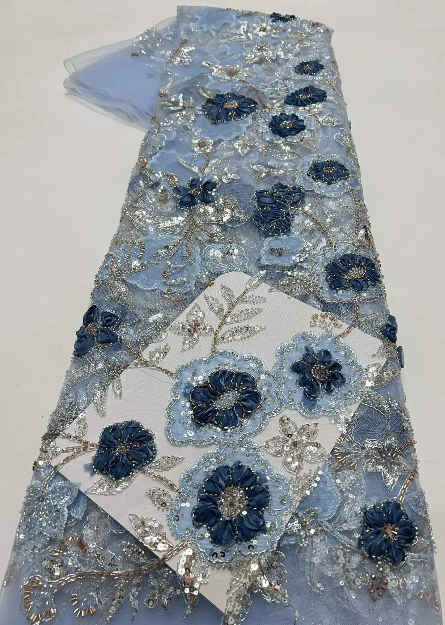 

Luxury African French Tulle Lace Fabric 3D Embroidery Lace with Sequins Beads High Quality for Nigerian Wedding 5 Yards