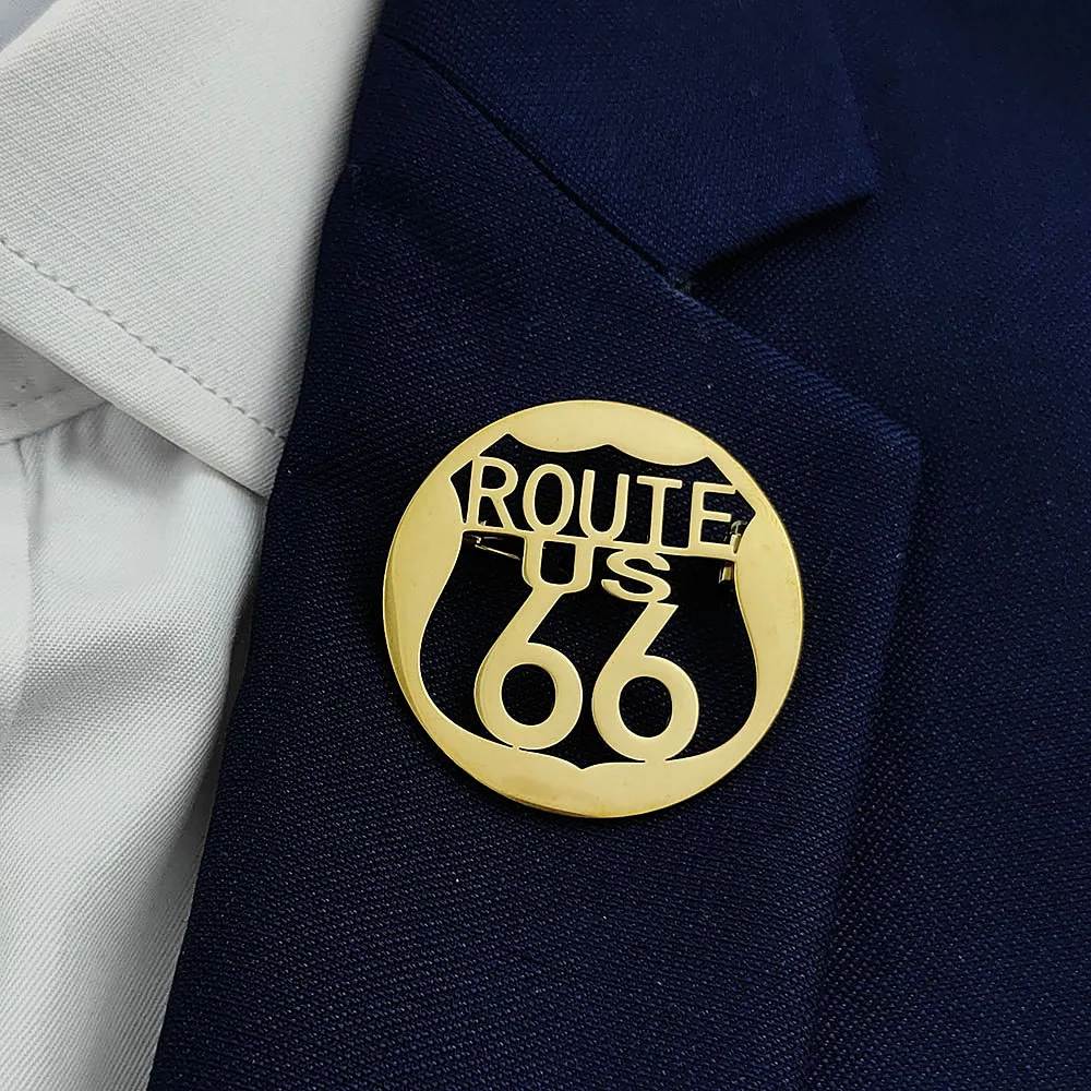Original design Route 66 stainless steel gold-plated brooch, waterproof and non-fading lapel pin, men's suit accessories