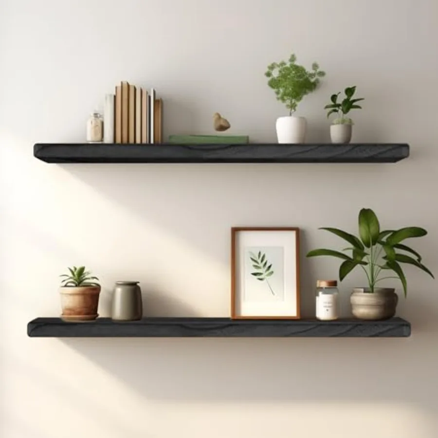 

Floatg Shelves ch Long, Set of 2 Solid Rustic Wood Wall Mounted Shelves, Wall Picture Ledge Shelf with Invisible Metal Brackets