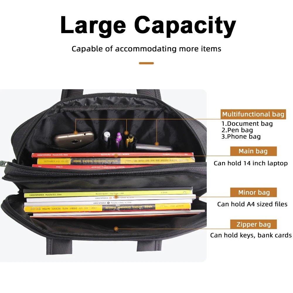 Sac porte-documents de grande capacité pour hommes d'affaires, sac pour ordinateur portable de 14 pouces, sacs à main en toile initiés, sacs de bureau pour hommes, tissu Oxford