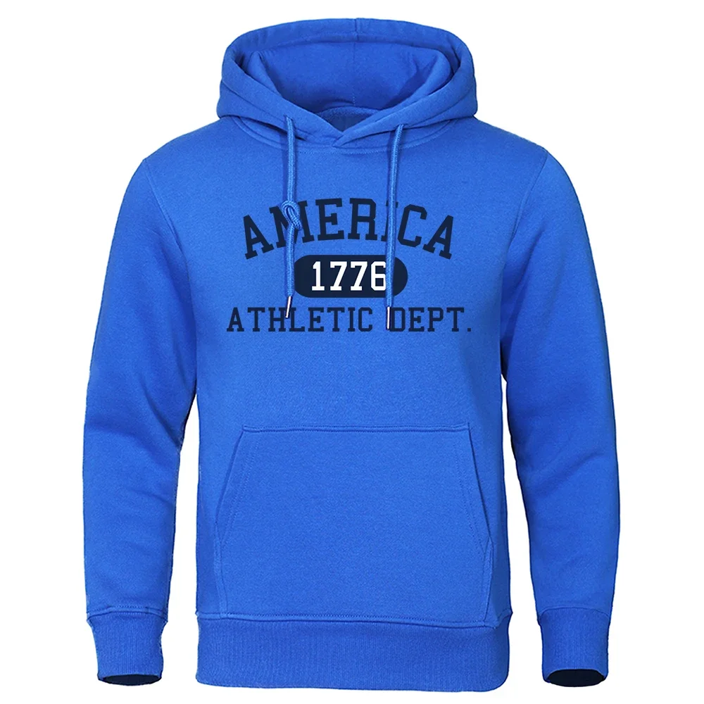 America 1776 Athletic Dept Letter Print Mans Hoodies Pocket O-Neck Sweatshirt Autumn Soft Sweatshirt Casual Loose Man Clothing