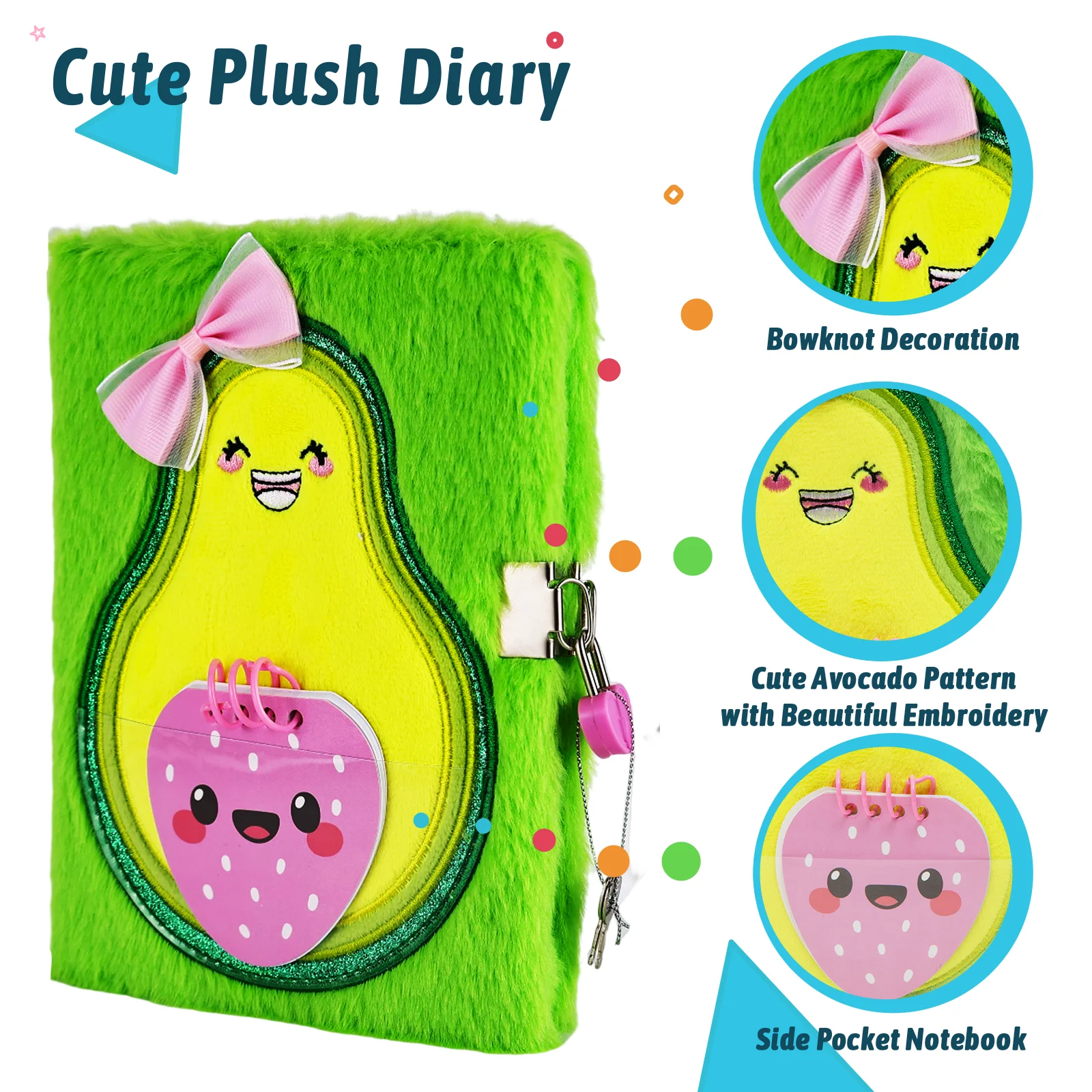 Diary for Girls with Lock and Keys, Cute Avocado Plush Diary Secret Diary, Writing Journal Lined Pages Notebook Side Pocket Desi