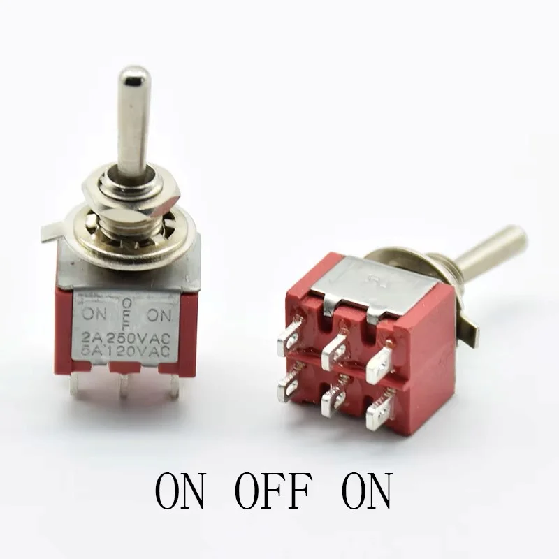 5Pcs Red Toggle Switch Mini MTS-202 ON/ON ON/OFF/ON DPDT Latching 2A 250VAC / 5A 120VAC 6 Pins With Solder Terminal waterproof