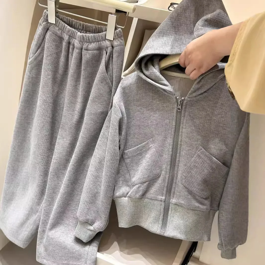 Girl Two Piece Set Autumn 2024 New Motion Sweater Loose Coat Wide Leg Pants Solid Casual Simple Fashion Sweet Korean Active