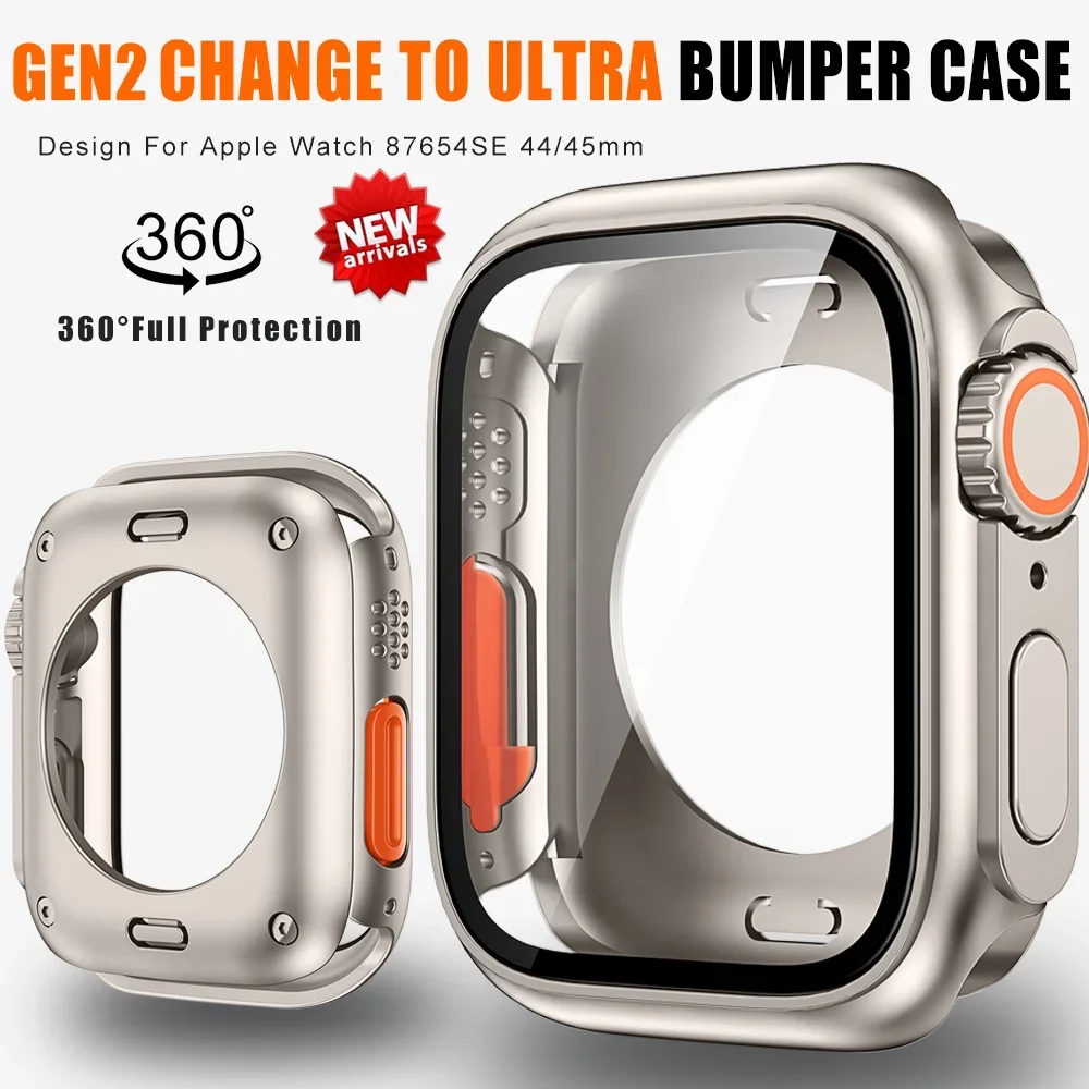 Change To Ultra 360 Full Cover Case for Apple Watch 45mm 44mm Tempered Glass Screen Protector for IWatch Series 9 8 7 6 SE 5