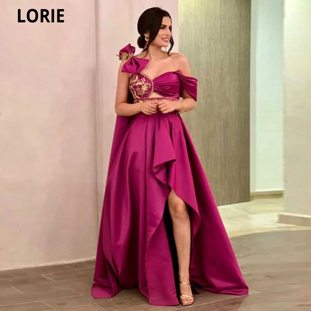 

LORIE Deep Fuchsia High Low Prom Dresses With Bow Leg Slit A-Line Lace Appliques Formal Party Dress Evening Gown Celebrity Gowns