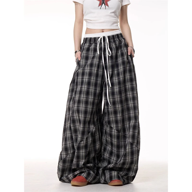 Black Plaid Patchwork Wide Leg Pants Women's Autumn American Vintage Y2K 2000S Style High Waisted Hip Hop Breathable Sweatpants