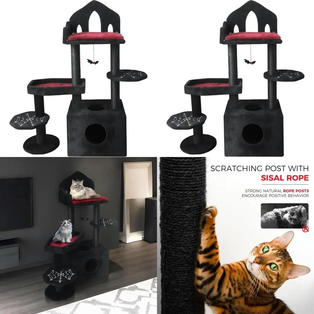 

Multi-Level Spooky Cat Tree with Perches, Scratching Posts, Hammock, and Cave for Indoor Cats, 44.5in