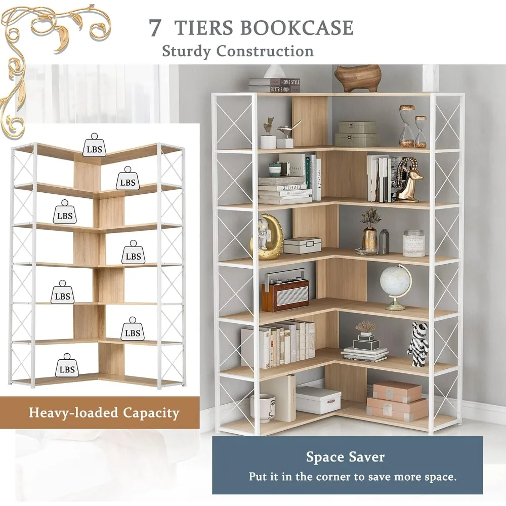 رف كتب زاوية على شكل حرف L من الخشب والمعادن 7 طبقات رف عرض على الطراز الصناعي خزانة كتب قابلة للتعديل Etagere للمكتب المنزلي