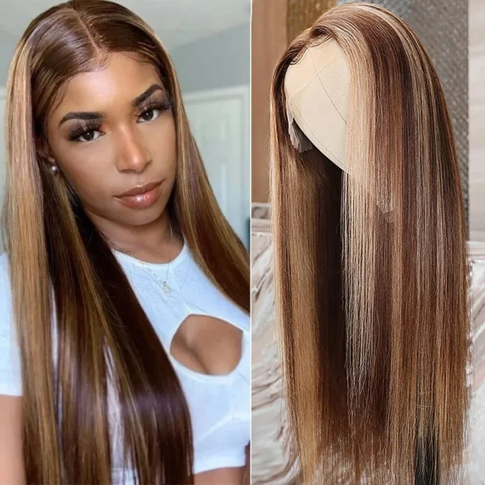 

4/27 Colored Highlight Ombre Brown Wig 13x6 HD Lace Front Human Hair Straight Wig on Sale 13x4 Lace Frontal Wig For Women Choice