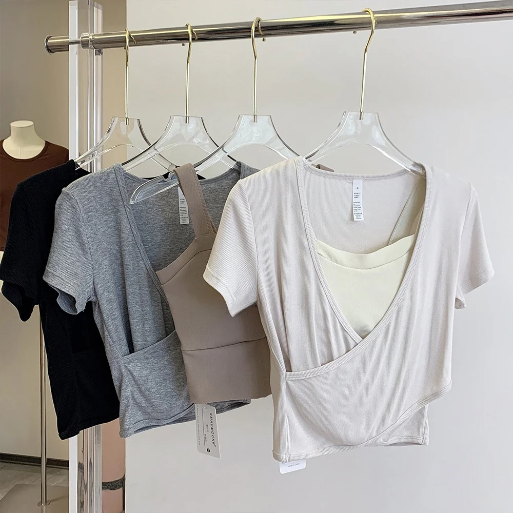 

Summer New Modal Ribbed High-End Yoga Top Fitn ort Sve Naked Feel Casual Sports T-irt Women's Slim Fit V-ne Tee