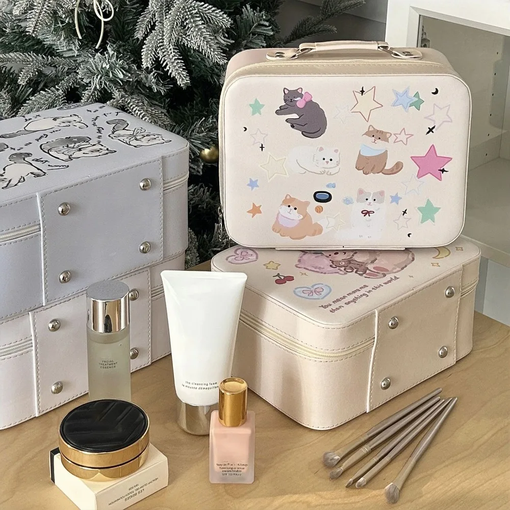 

Square Shape Makeup Box Portable PU Cute Print Storage Suitcase With Handle Skincare Sorting Box