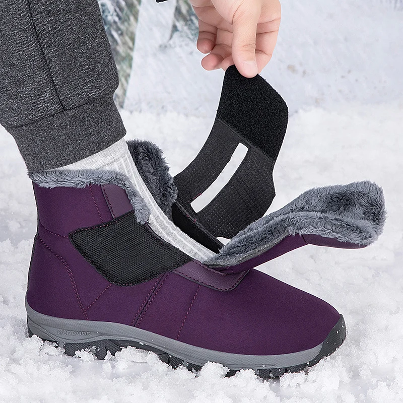 Winter Women's Fur Lined Ankle Snow Boots Adjustable Hook and Loop Diabetic Shoes for Elderly Swollen Foot Hallux Valgus Bunion