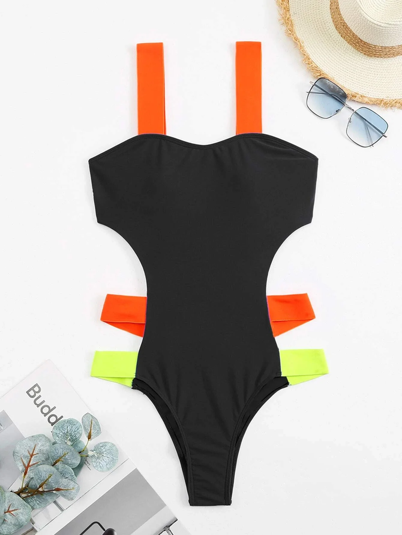 Colorful Strap Cut-out One Piece Swimsuit Women Swimwear Slimming Bodysuit Summer Beach Bathing Suit