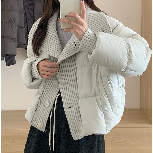 French High‑end Knitted Spliced Short Puffer Coat for Women, Designer Thickened Winter Cotton Padded Jacket, Fashion Chic Warm O
