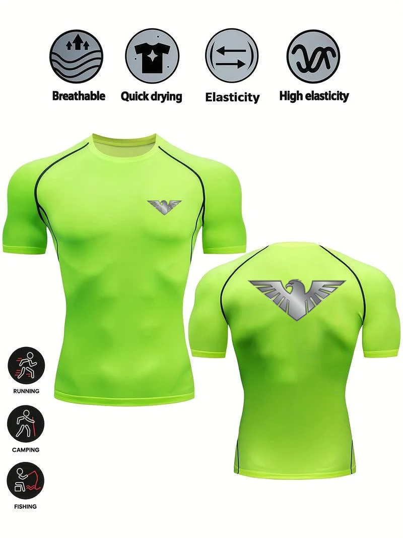 

New Men's Falcon Print Compression Shirt Summer Short Sleeve Quick Dry Rash Guard Gym Workout Running T-Shirt Athletic Tees Tops