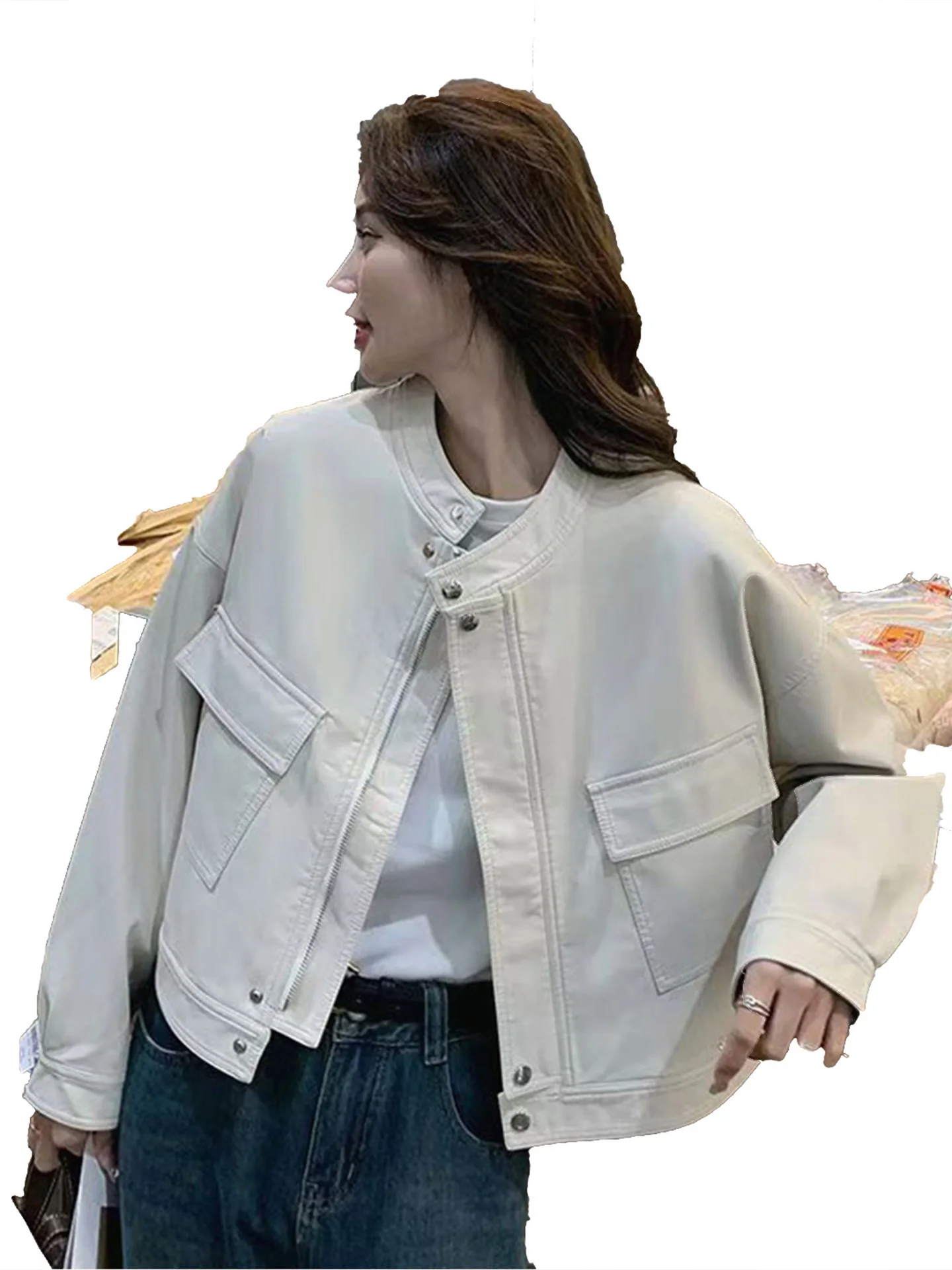 Damska skórzana kurtka wiosenno-jesienna, nowa, uniwersalna, luźna, w stylu motocyklowym.