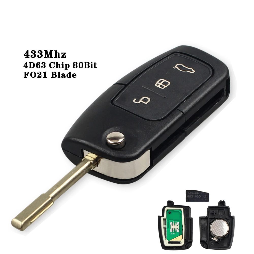 KEYYOU FRAGEN 433 MHz 4D63/4D60 Chip Remote Key Für Ford Focus 3 Mondeo C Max S Max Galaxy Fiesta HU101 / FO21 Klinge Fall 3 Tasten