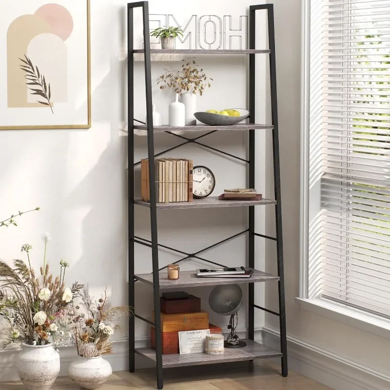 

Ladder Shelf 5-Tier Bookcase for Bedroom Industrial Book Shelves Storage Rack with Metal Frame for Home Office