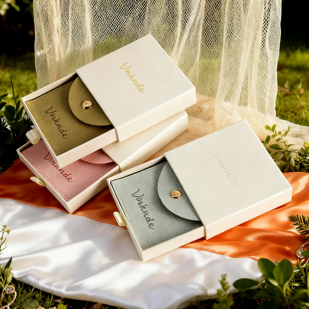 

Beige Jewelry Box Necklace Earrings Drawer Paper Boxes Custom Logo Sliding Jewellry Ring Gift Box With Microfiber Pouch Snap Bag