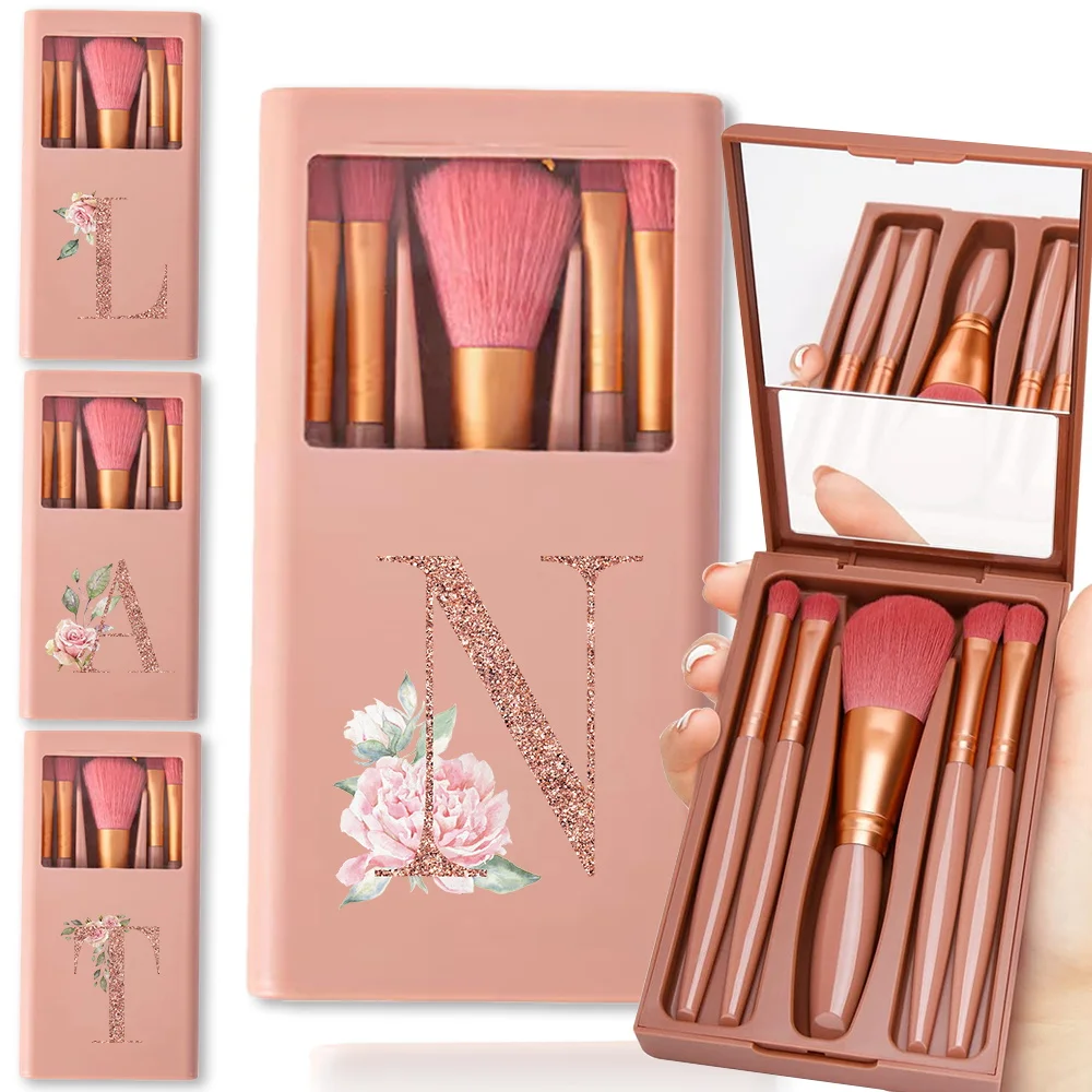 5 Stuks Make-Up Borstels Set Met Make-Up Spiegel Container Case Full Series Cosmetische Borstelhouder Rose Goud Letter Patroon Voor Reis