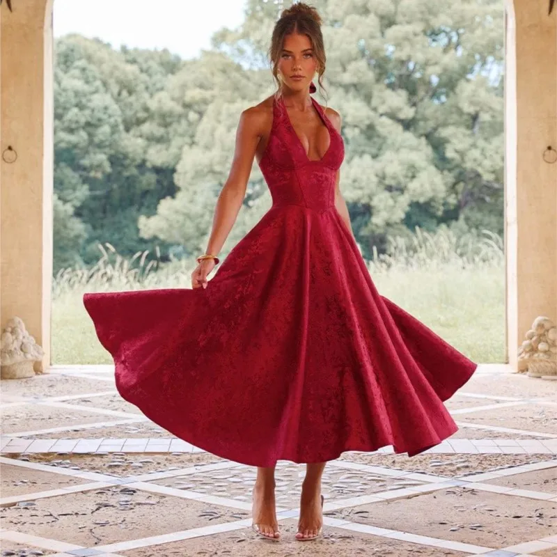 Elegant VคอHalter Tie-Up Jacquard Partyชุดผู้หญิงBackless A-Lineค็อกเทลพรหมGownsเซ็กซี่เสื้อคลุมใหม่ยาวVestidos