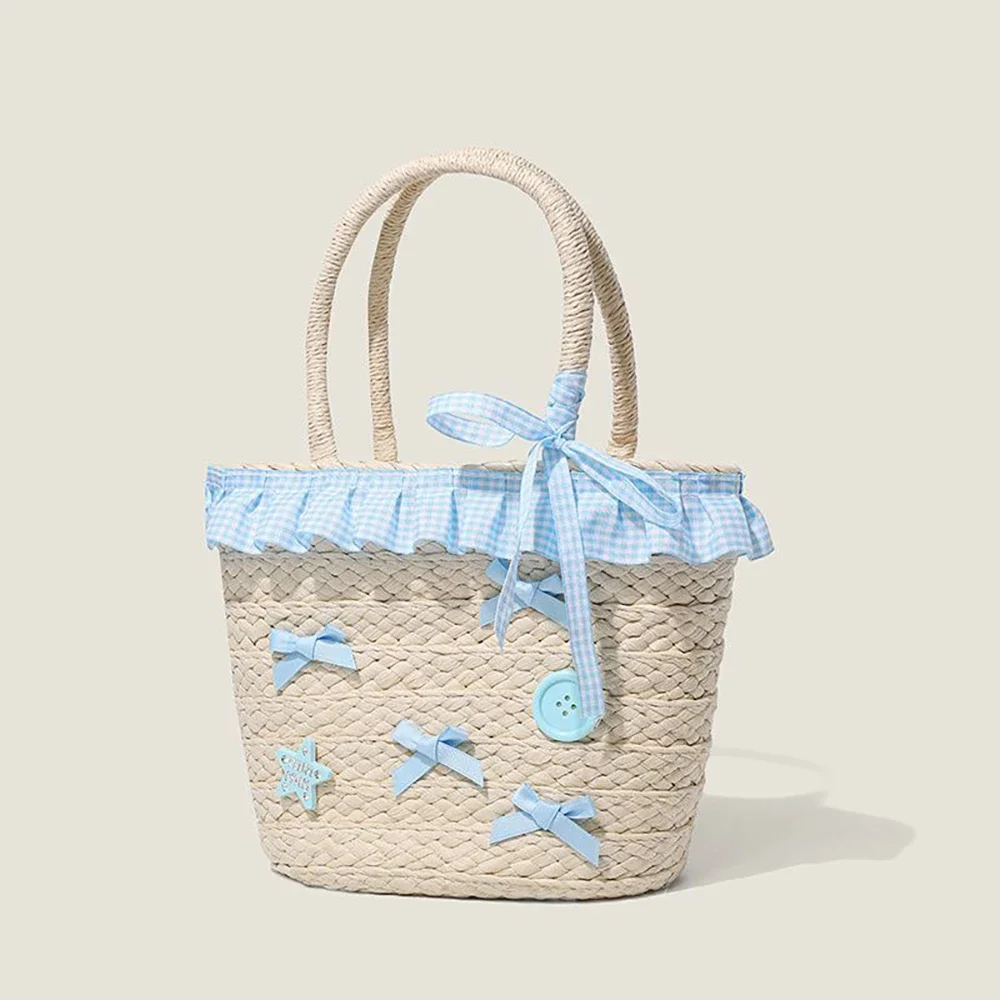 

Summer Bow Woven Basket Beach Bag for Women Blue Plaid Cloth Patchwork Handbags Fashion Butterfly Knot Weaving Shoulder Bags