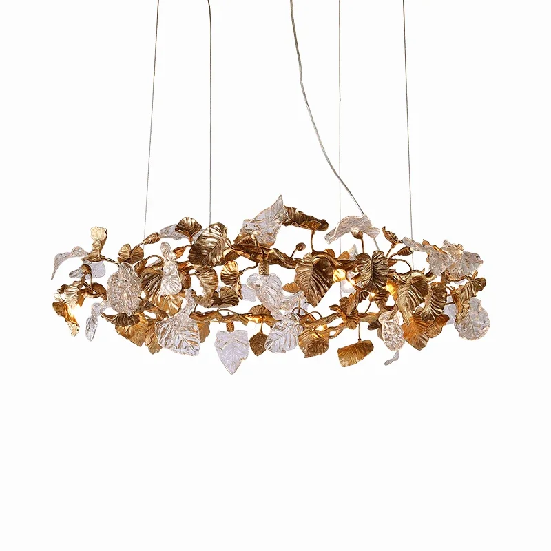 2026new Light Luxury All Copper Living Room Pendant Lamp Modern Bedroom Leaf Restaurant Lamp Villa Hotel Front Desk Pendant Lamp