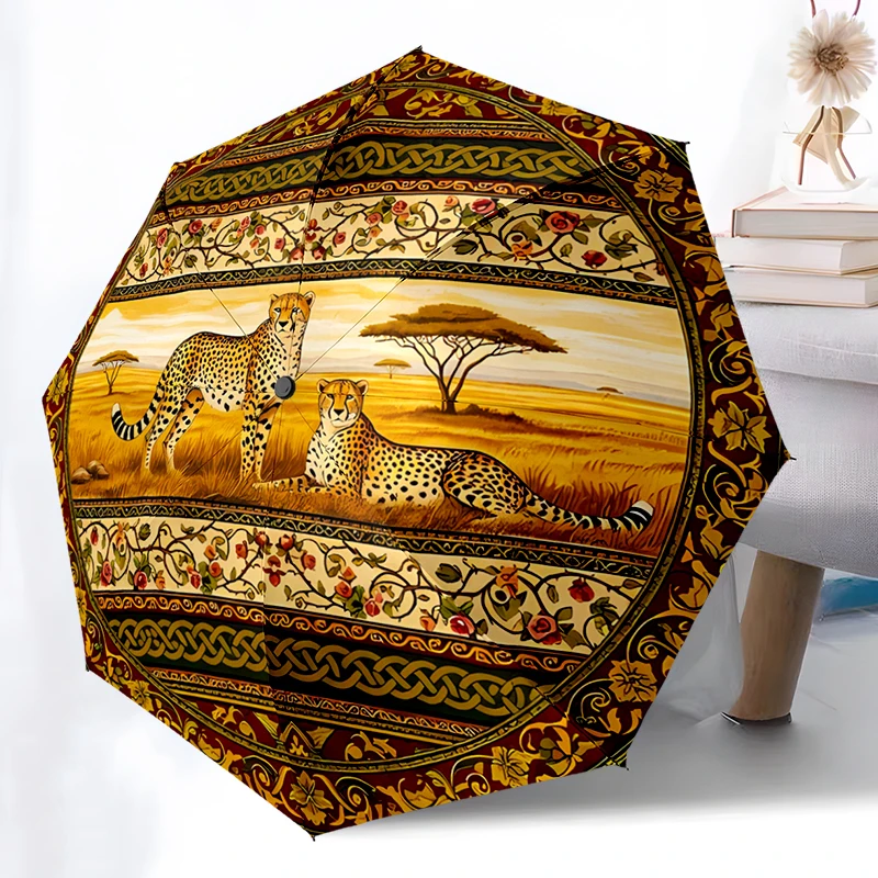Leopard Theme Design Folding Umbrella - Fashionable Auto-Open Design 8 Iron Ribs Plastic Handle Foldable Sunshade，Perfect Gifts