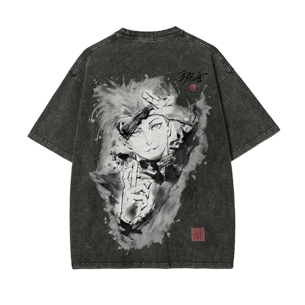 Gojo Satoru أنيمي Jujutsu Kaisen الرجال 2025 غسلها تي شيرت Harajuku الصيف خمر الشارع المتضخم المرأة عادية كم قصير