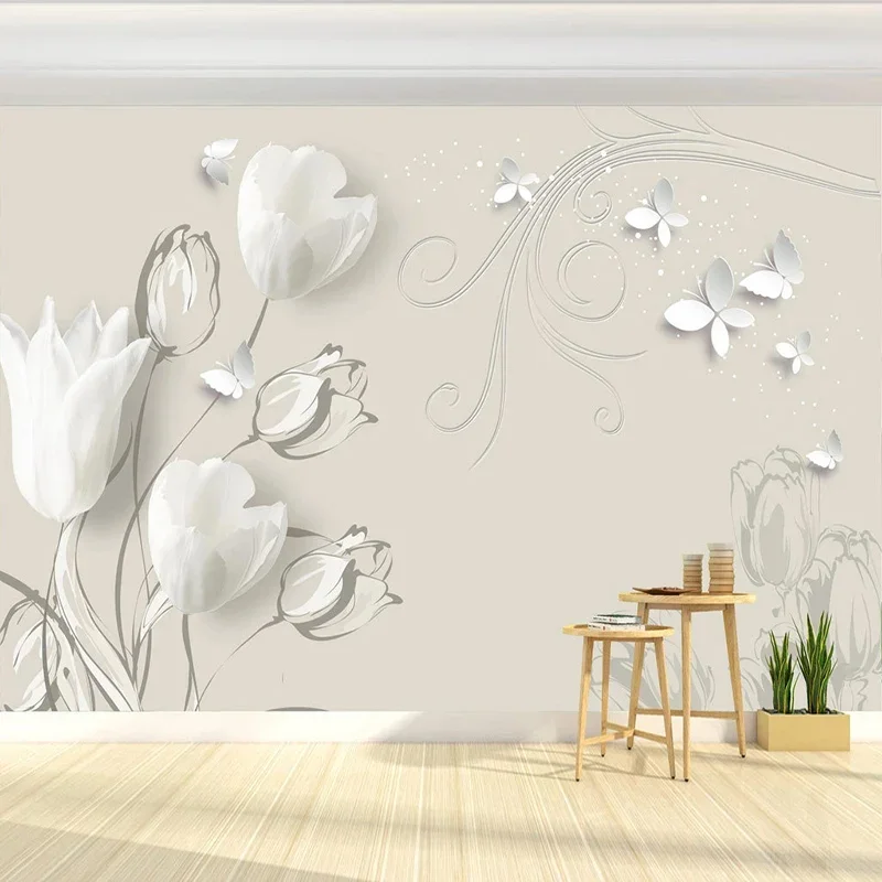 

Custom 3D Mural Wallpaper Tulip Flower Butterfly Modern Art Wall Painting Living Room Sofa TV Background Photo Papel De Parede