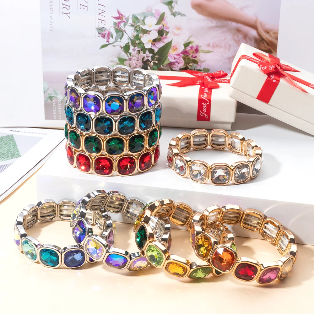 New Trendy 2024 Colorful 15mm Rhinestone Women Bracelet Enamel Gold Sliver Color Beads Elastic Bangle Boho Jewelry Accessories