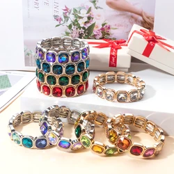 New Trendy 2024 Colorful 15mm Rhinestone Women Bracelet Enamel Gold Sliver Color Beads Elastic Bangle Boho Jewelry Accessories