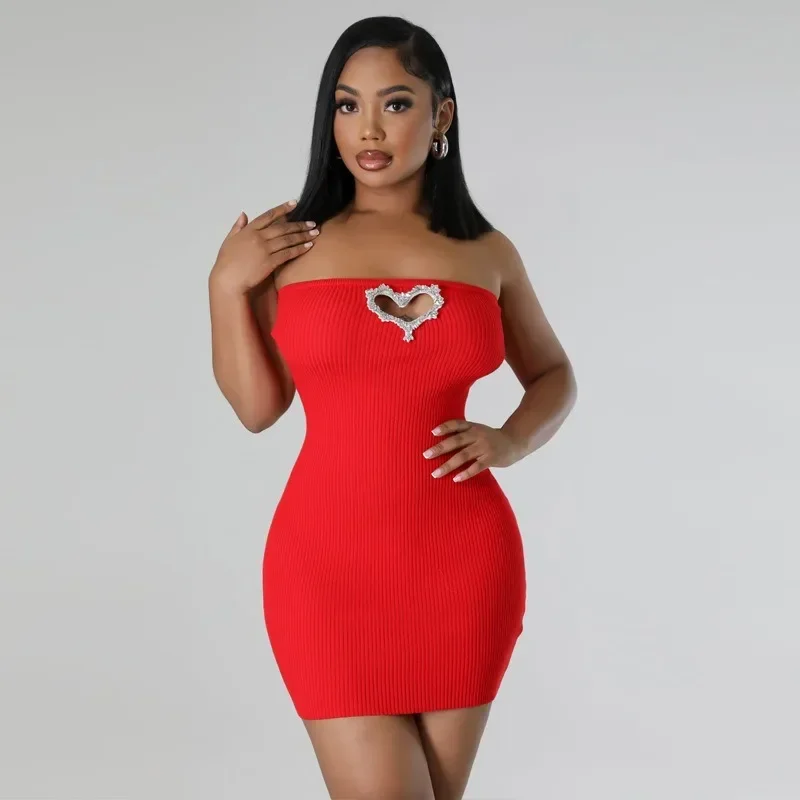 

Women Knitted Heart Hollow Out Bodycon Strapless Mini Dress Christmas New Year Off Shoulder Sleeveless Slim Skinny Party Dresses