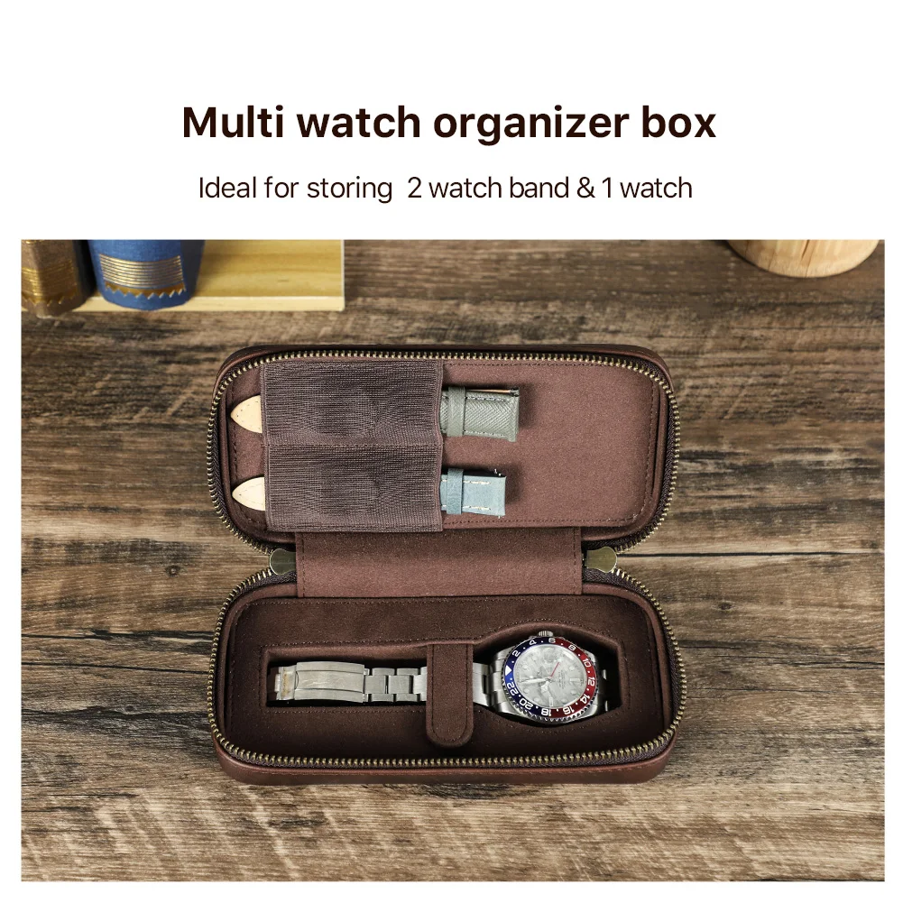 Luxury Retro Single Watch Genuine Leather Storage Display Travel Box 2 Watch Strap Slots Organizer Portable Case Zipper Bag