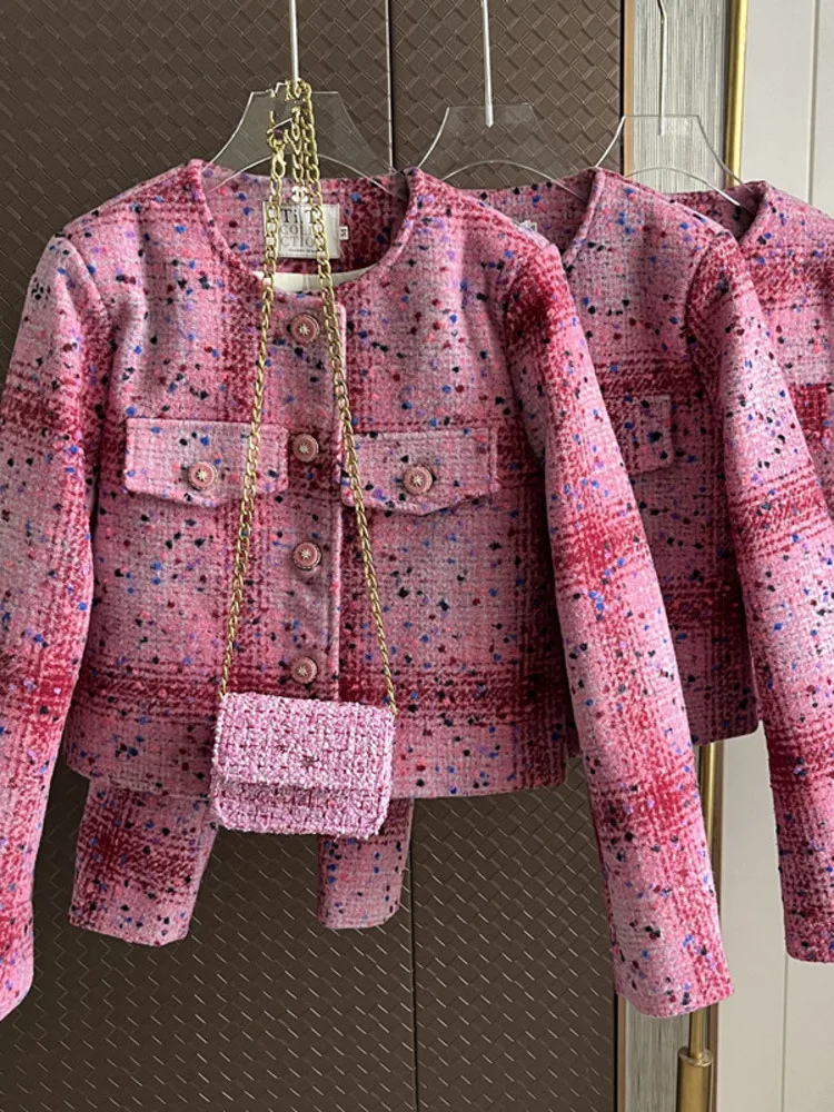 

Autumn Winter French Retro Fragrance Tweed Coats Office Ladies Elegant Sweet Pink Chic Jackets Korean Runway Designer Jackets