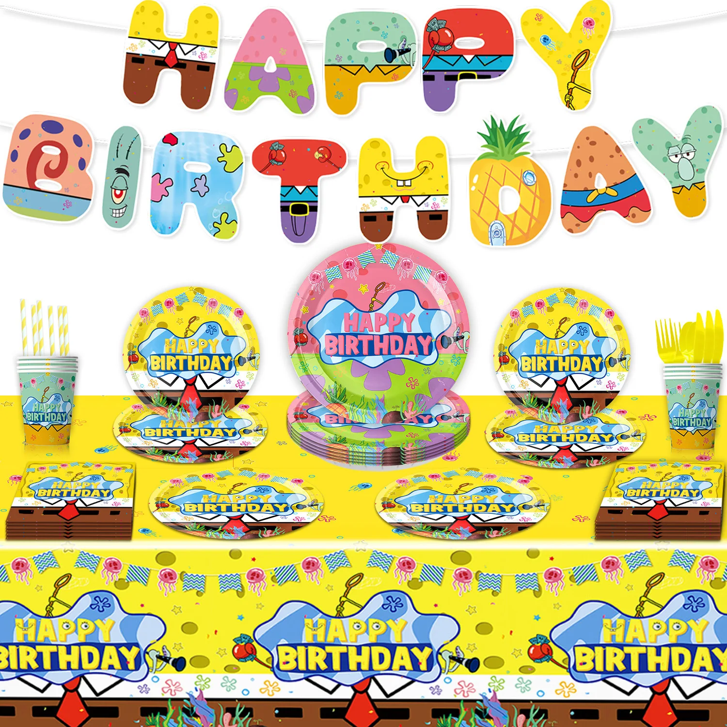 Yellow BOB Sponge Birthday Party Supplies Decorations Lovely Patrick Star Party Supplies Tableware Cover Cup Plates Balloons