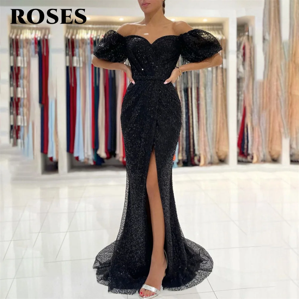 

ROSES Black Mermaid Evening Dresses Off the Shoulder Half Sleeves Charming Prom Dresses Sequin Party Dresses vestidos de noche