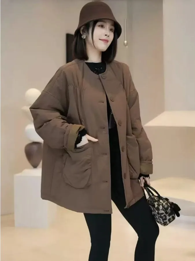 Haut de gamme femmes Design plié Thiened coton 2025 automne hiver ample minceur chaud manteau coréen Sle Long Sve rond Ne