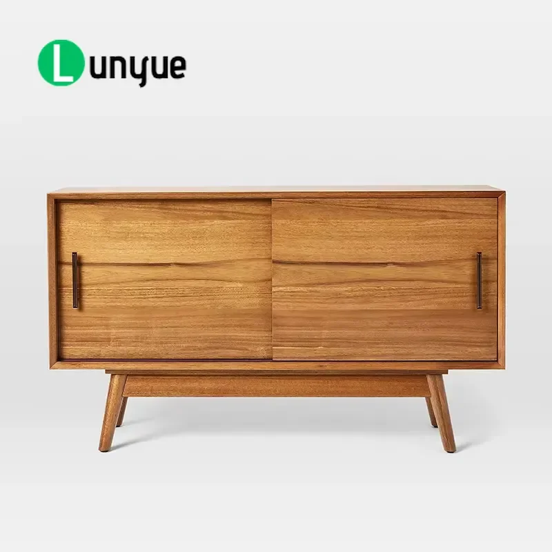 Mid Century Modern Solid Wood Side Cabinet with 2 Sliding Doors and Tapered Legs for Living Room Hotel Storage Furniture