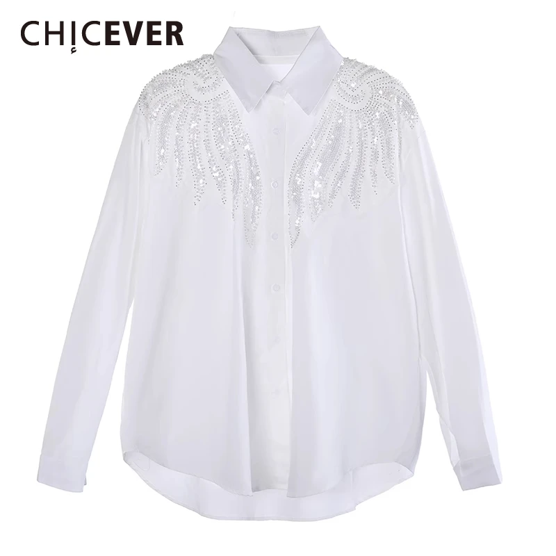 

CHICEVER Luxury Spliced Beading Shirt for Women Lapel Long Sleeve Patchwork Single Breasted Elegant High Quality Shirts Female