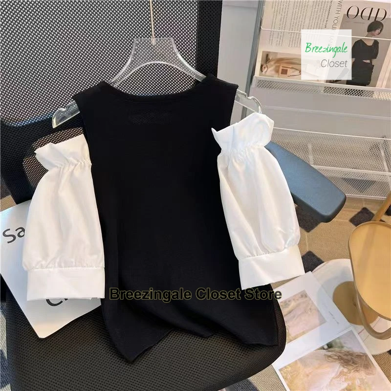 French fashion chic careful machine off-the-shoulder women's summer new design sense niche short-sleeved stitching T-shirt