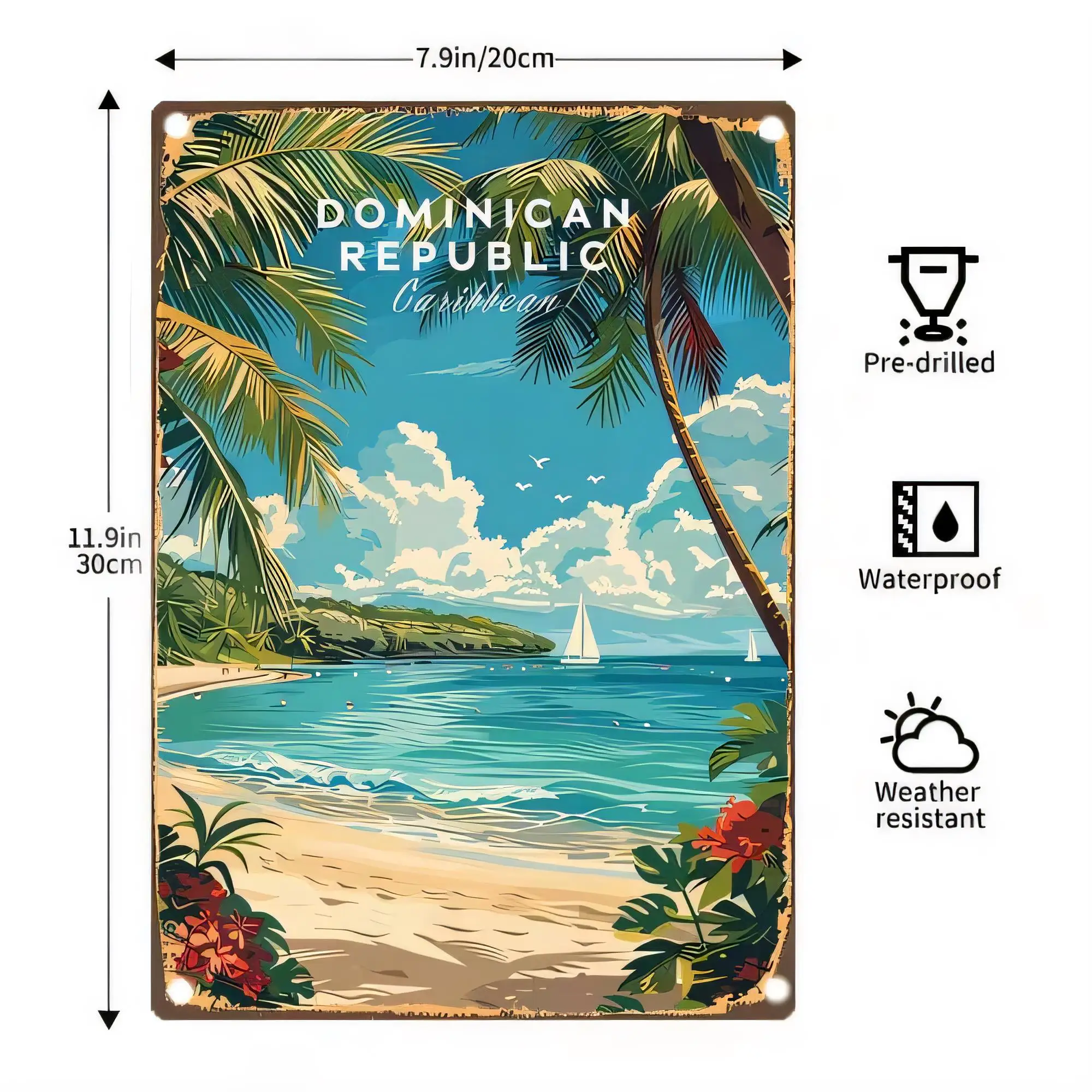 Tin Sign Dominican Republic Vintage Beach Palms Ocean Travel Poster Metal Wall Decor Pre-Drilled Waterproof Weather Resistant 11